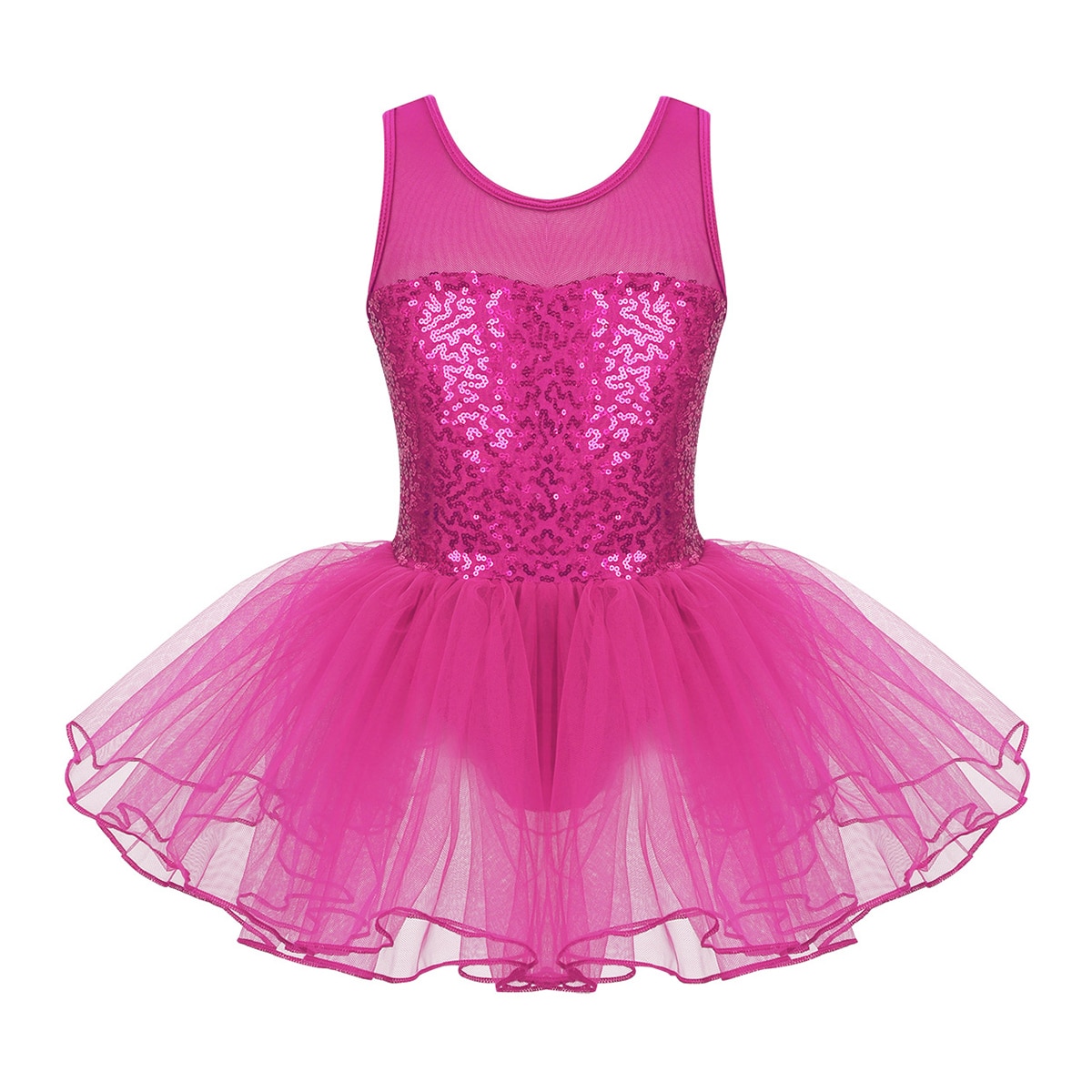 Paillettes enfants filles ballerine Dancewear sans manches maille extensible épissure Ballet danse Tulle gymnastique justaucorps maille Tutu robe: Rose Red / 8