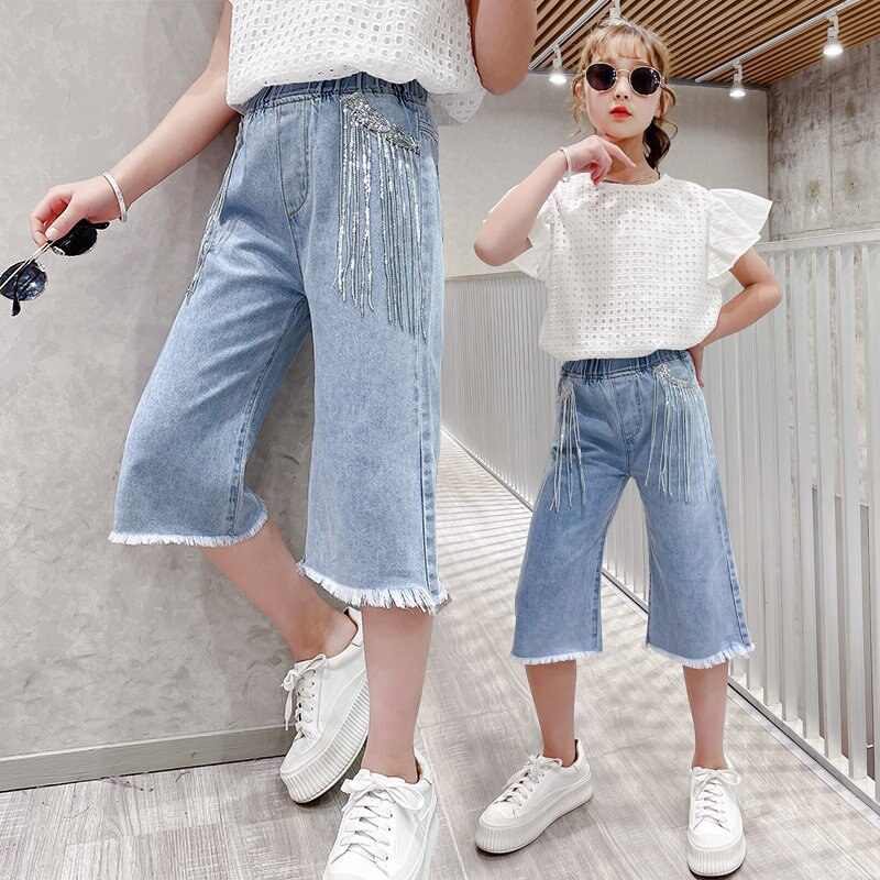 Tiener Meisjes Korte Jeans Met Lovertjes Kwastje Zomer Arrivals Koreaanse Populaire Dunne Denim Midden Broek Voor Kids 4-13Yrs