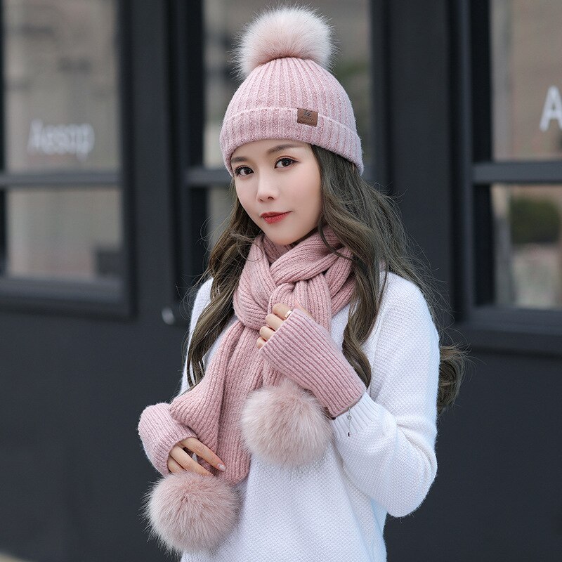 , conjunto de guantes de lana para invierno, bufanda, conjunto de guantes gruesos para mujer, gorro y bufanda suave, gorro para chicas, Gorro con pompón de bola