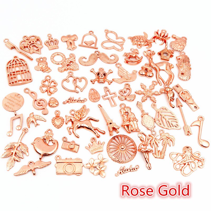 30pcs Mixed Styles Animal Heart Leaf Flower Crown Charms Pendants DIY Jewelry Findings for Necklace Bracelet Making Accessories: Rose Gold