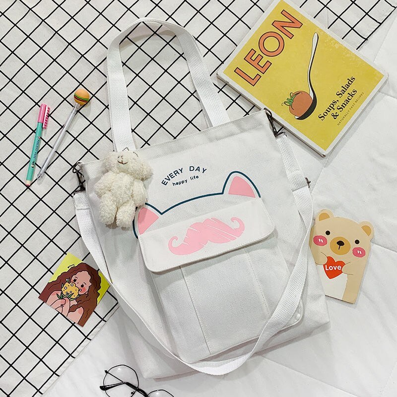 Grote Capaciteit Canvas Tas Schooltas Wilde Vrouwen Crossbody Tassen Cartoons Vrouwen Handtassen Schoudertassen Snor Tote Boodschappentas: White with Bear