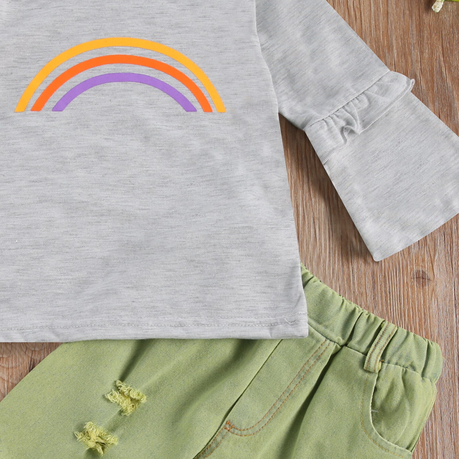 Meisjes Lange Mouw Regenboog Print Top + Ripped Broek Set
