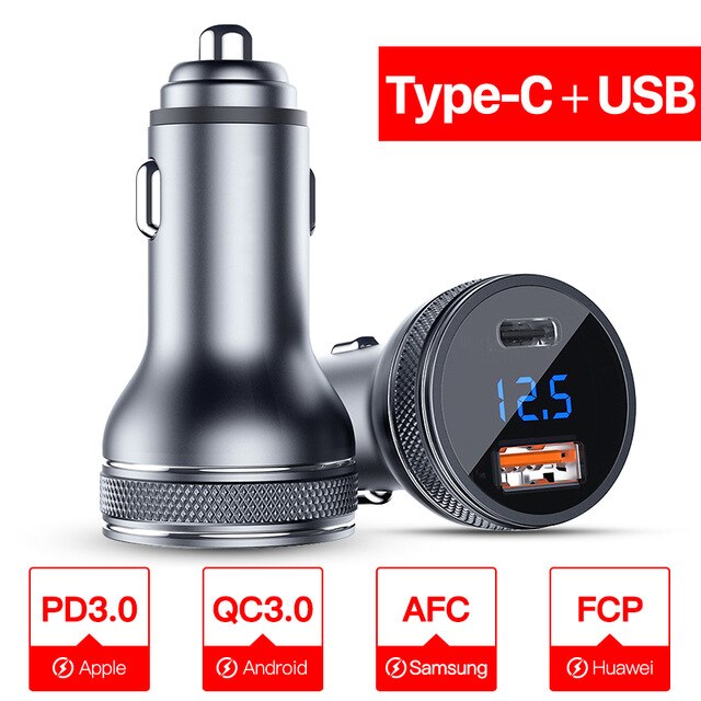 Dual Usb Car Charger Quick Charge 36W Snel Opladen Voor Xiaomi Samsung Interface Usb + Type C Qc Pd 3.0 Auto Aansteker Slot Recharge: Type C USB Gray