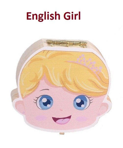 Caja de dientes de bebé colorido español inglés francés italiano caja de dientes de madera organizador guardar dientes de leche almacenamiento de madera: English Girl