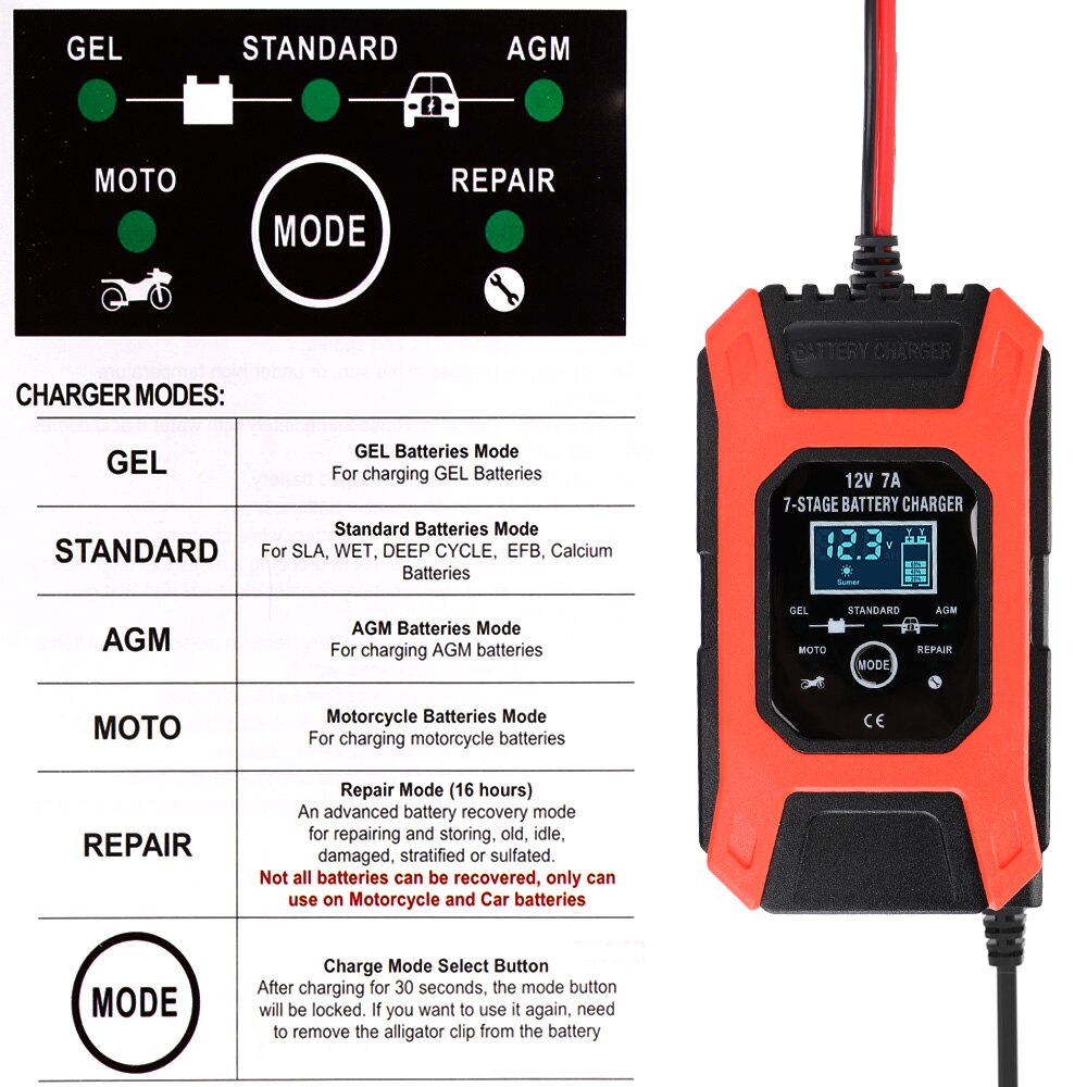 12V 7A Car Battery Charger Automatic Smart Intelligent Digital LCD Display Wet Dry Lead Acid Battery-chargers 7 Stage