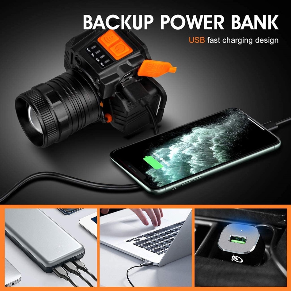 LED Headlamp Rechargeable Headlight 800 Lumen Sensor Waterproof Head Lamp 3 Modes Adjustable Headband Flashlight