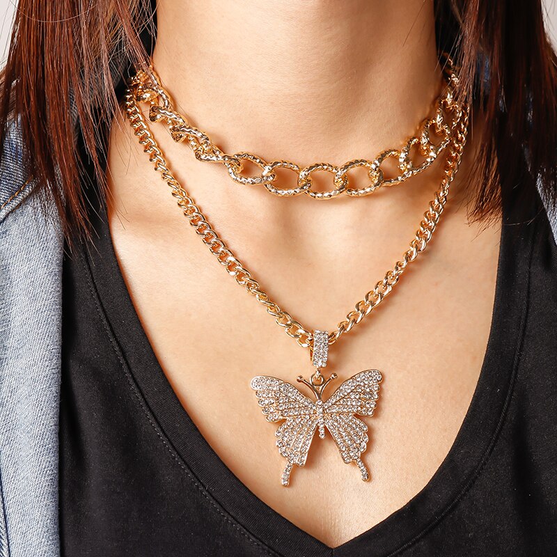 Luxuriöse Kristall Multilayer Schmetterling Halsketten für Frauen Nette Perle Choker Halsketten Anhänger Mädchen Schmuck Geburtstag