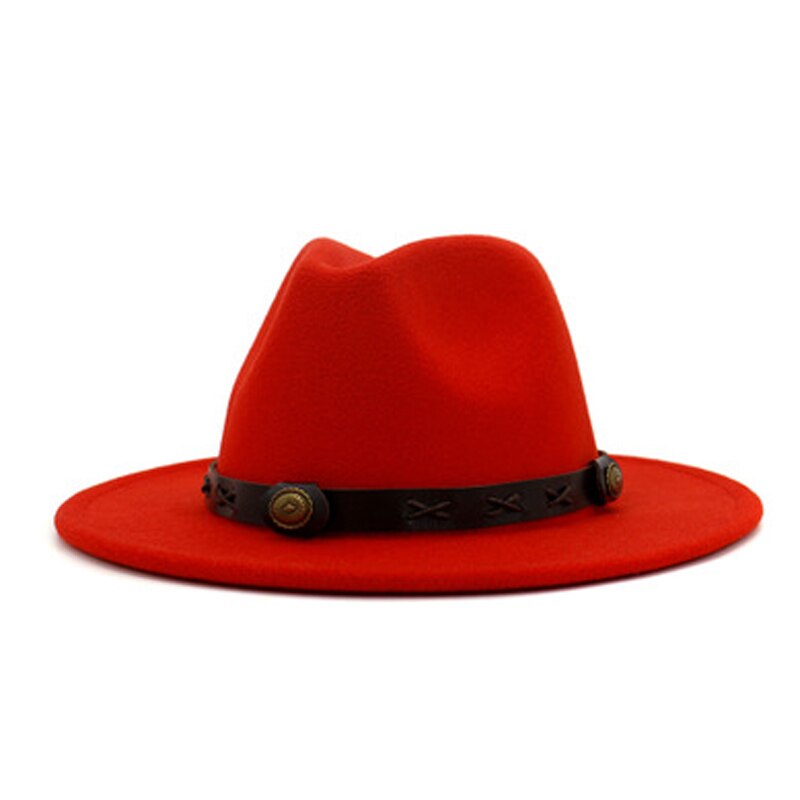QBHAT uomo donna cappelli Fedora Jazz in feltro di lana tinta unita con cinturino in pelle marrone cappello da Cowboy a tesa larga cappello verde Trilby Panama per la festa: orange-red