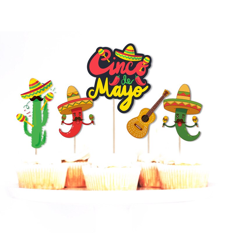 Mexicansk tema fest dekoration banner stråhat chili kaktus kage topper glad cinco de mayo maj bogstav flag bryllup dekoration: 3(5pc)