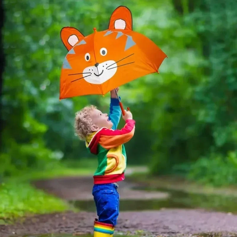 Paraguas de dibujos animados para niños de 1 a 3 años, paraguas de animación con mango largo, modelado de orejas 3D, paraguas para niños y niñas