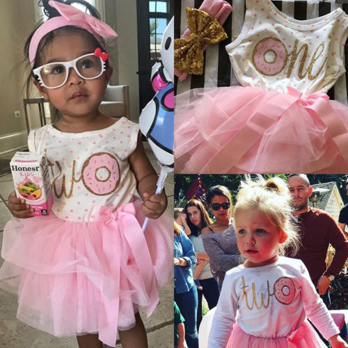 1st 2nd 3rd Third Birthday Donut Polka Dot Dress Girls Toddler Outfits Tutu Dresses Princess Party Dress