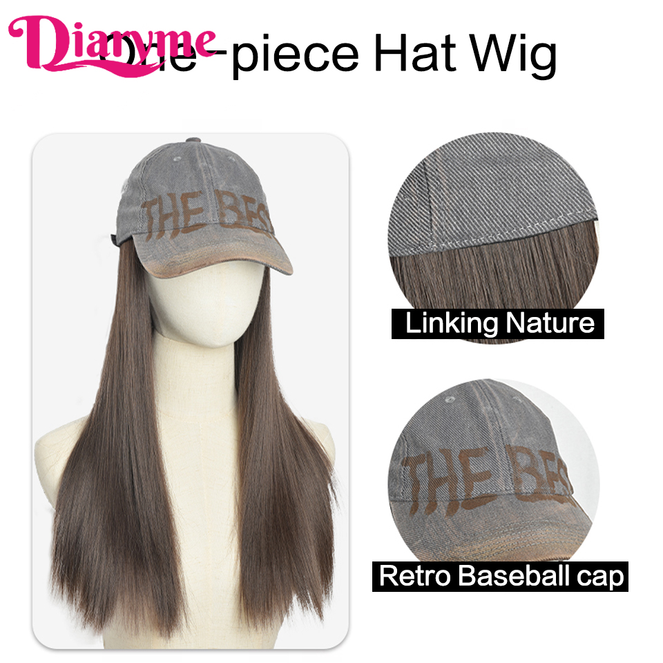 Peluca de sombrero sintético, peluca de pelo largo y liso con gorra de béisbol, gorra ajustable de una sola pieza, gorra de béisbol Retro, conectar pelo recto
