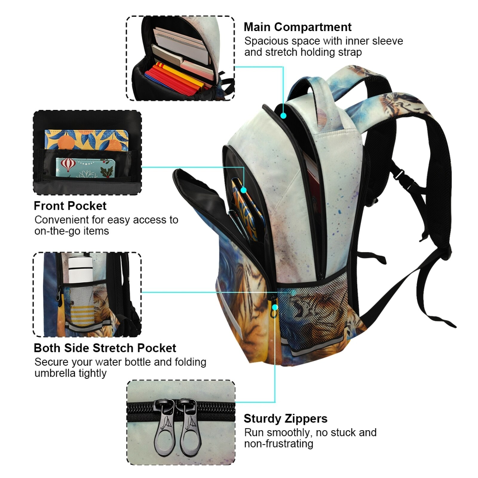 Schulrucksack mit tigerfellmuster für Teenager und jungen, großes fassungsvermöGen, reflektierender streifen, Laptop-Rucksack, mochila