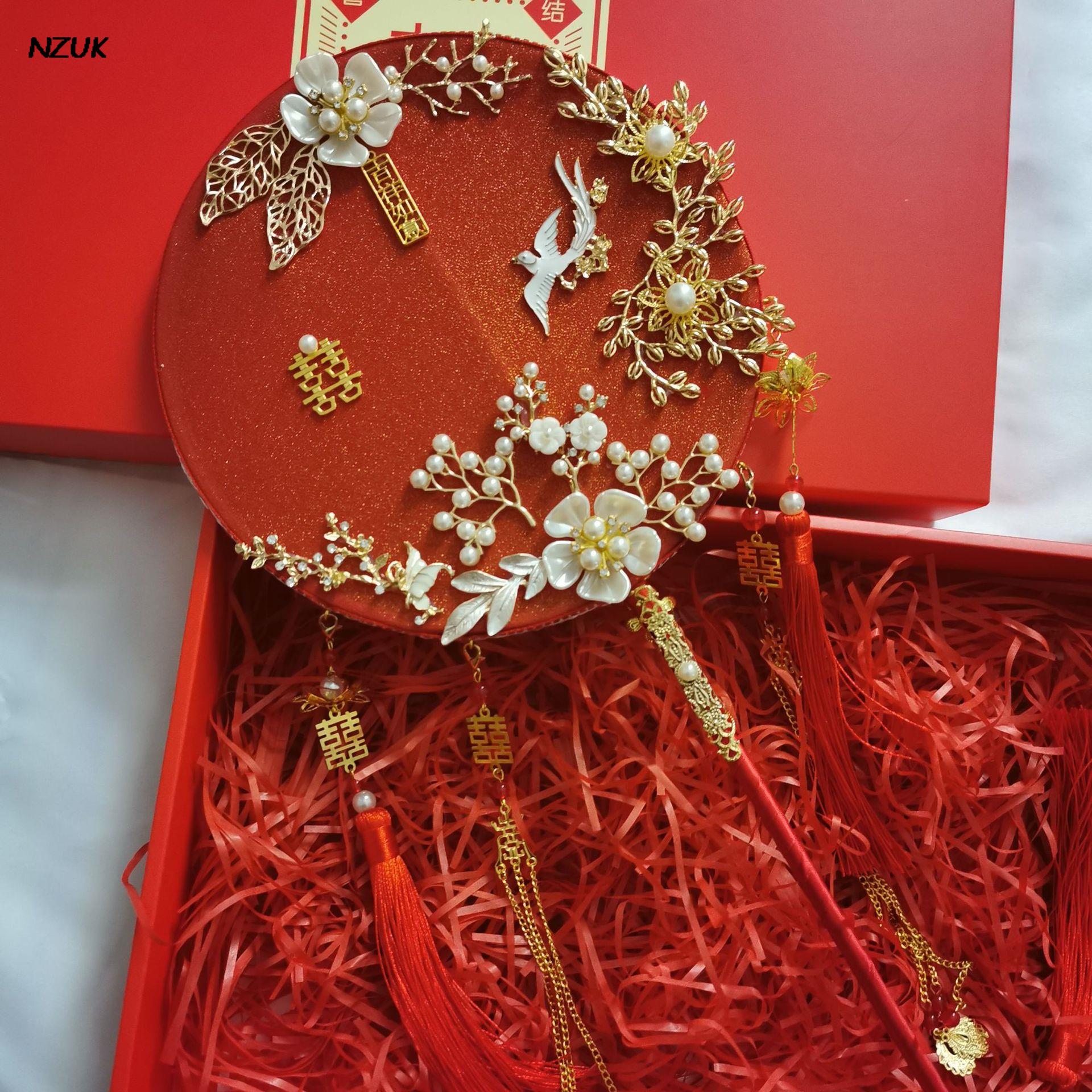 NZUK Red Chinese Wedding Fan Bouquet Ancient Style Handmade Classical Group Fan Traditional Bridal Hand-held Fan