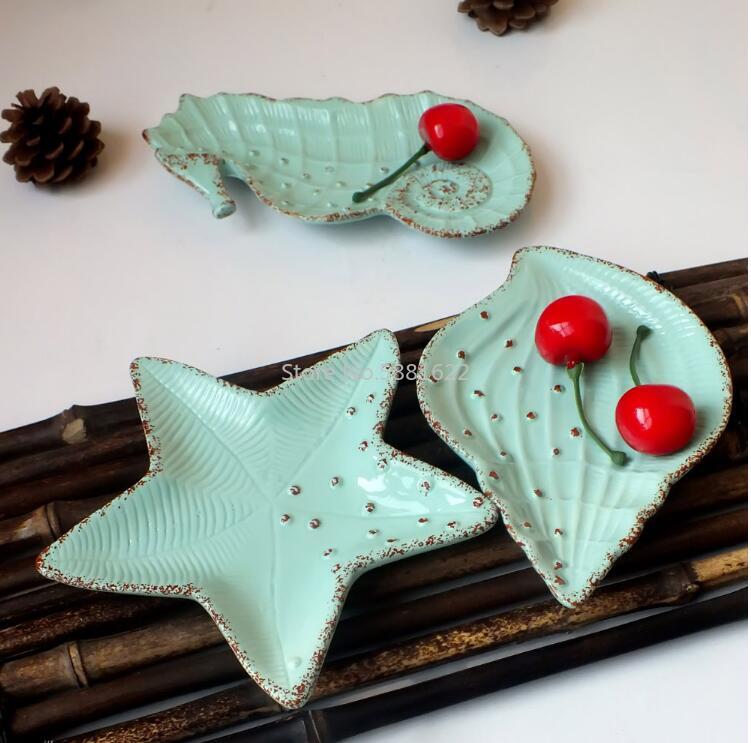 Mediterranean Ceramic Small Fruit Plate Dessert Box Dish Starfish Dish Conch Dish Tableware Dried Fruit Plate