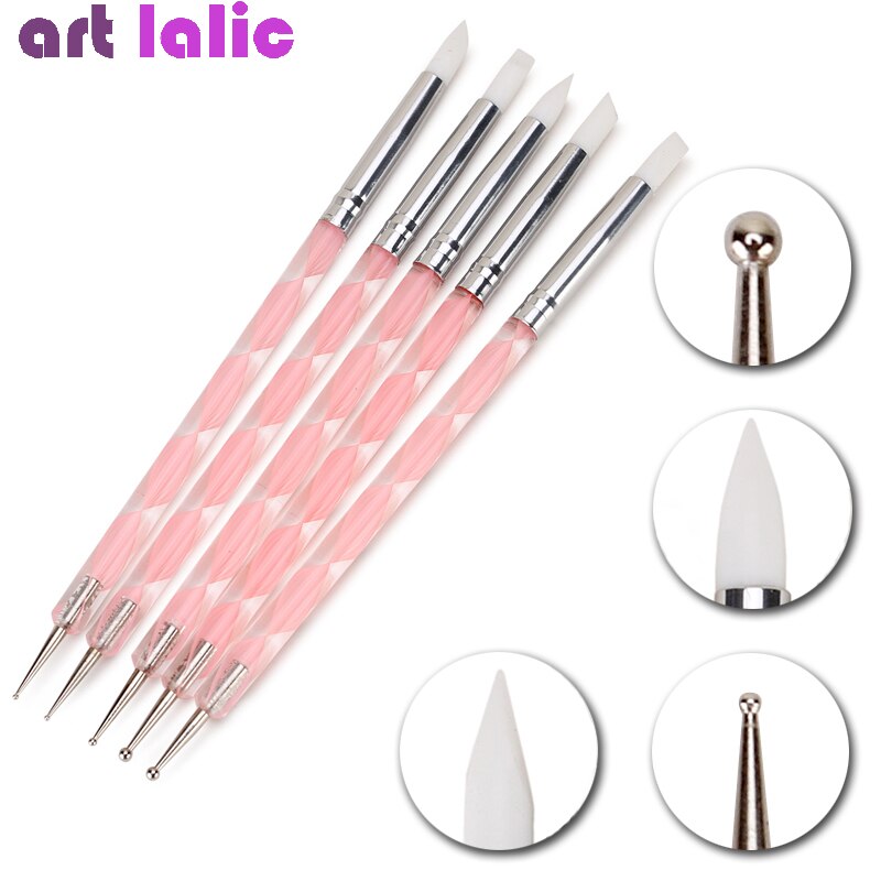 5 Stuks Van 2 Way Nail Art Acryl Siliconen Dot Bloem Dubbele Hoofd Nail Pen Rvs Gemarmerd Schilderen Pen versiering Tool