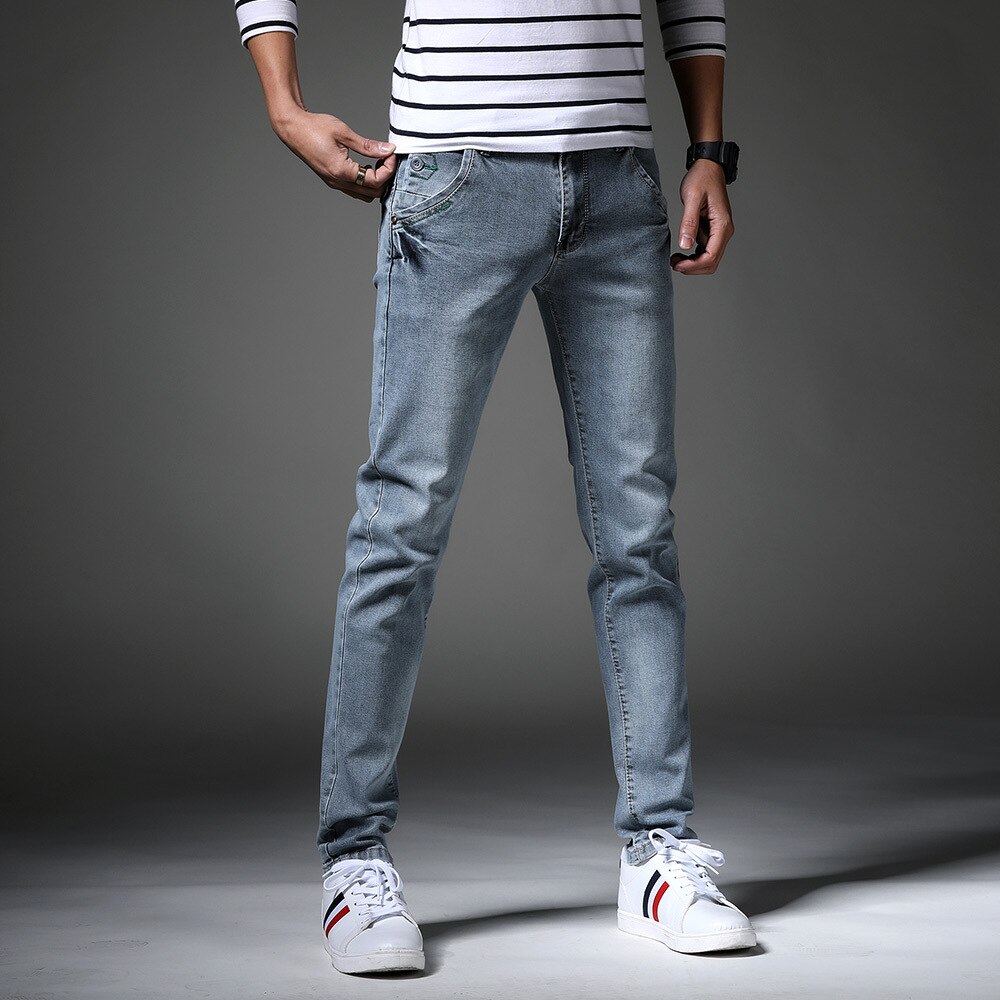 Stor størrelse forår plus størrelse mænds afslappede jeans mærketøj stor størrelse stretch denim jeans mandlige grå slanke fødder bukser: 29