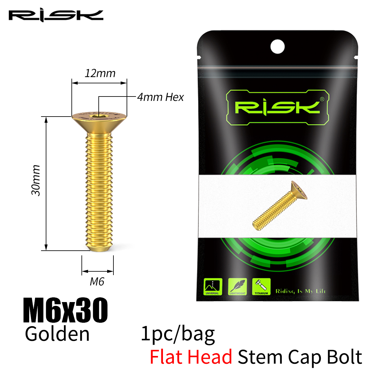 RISK Bicycle Titanium Bolt Screw M6x30 M6x35 M6x40 M6x50 for Bicycle Headset Stem Cap Cover Disc Brake Caliper Flat Allen Head: Gold