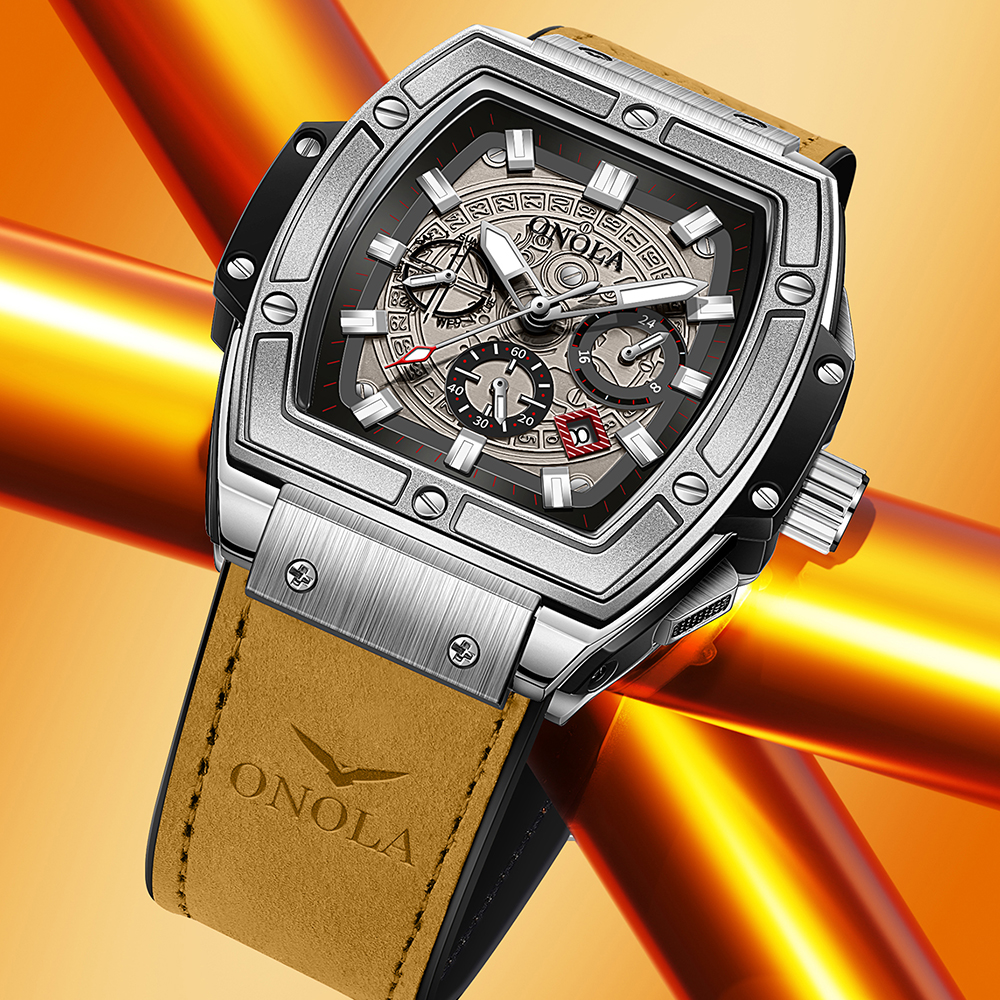 Relojes de lujo a la con clásico en forma de barril para hombre ONOLA, reloj de cuarzo de cuero informal resistente al agua multifuncional para hombre