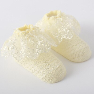 Zomer 0-3y baby meisjes kanten sokken ademende mesh sokken kinder prinses katoenen sokken wit roze geel schattig: Beige / Ik