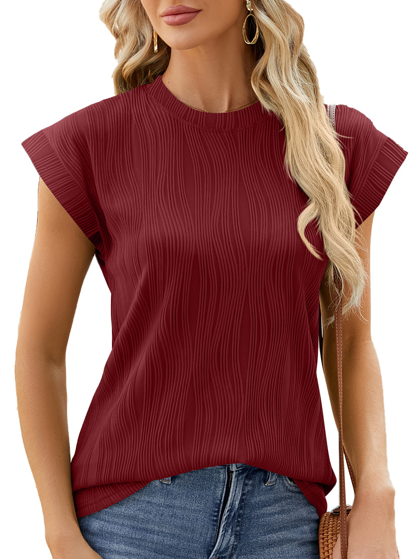 T-shirt à manches courtes pour femmes, col rond en Y texturé, tricot monochrome, t-shirt basique décontracté, chemisiers,: M / Or