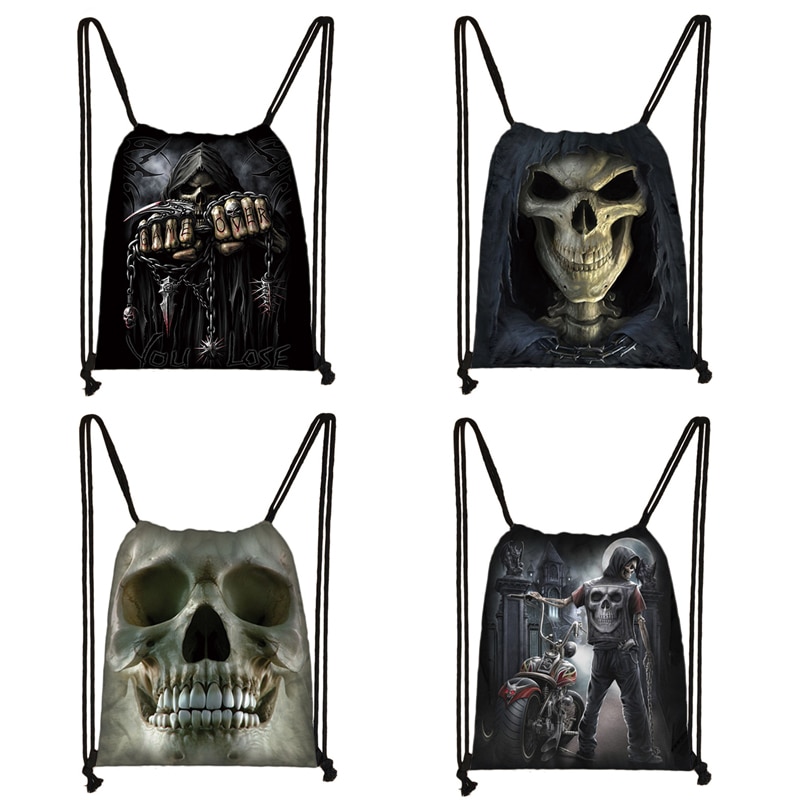 Mochila Cool Death Skull para hombre y mujer, bolsa de viaje con cordón, para guardar zapatos, de lona