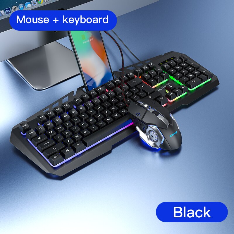 Wired Gaming Keyboard and Mouse Mechanical Feeling RGB 104 Keycaps Backlit Gamer Keyboards 3200DPI mice for PC Laptop Computer: Black RGB Light