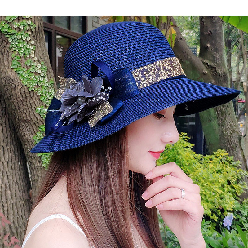 Women Summer Women's Sun Hat Bucket Cap Beige Lace Bowknot Flowers Ribbon Flat Top Straw Hat Beach Caps Panama