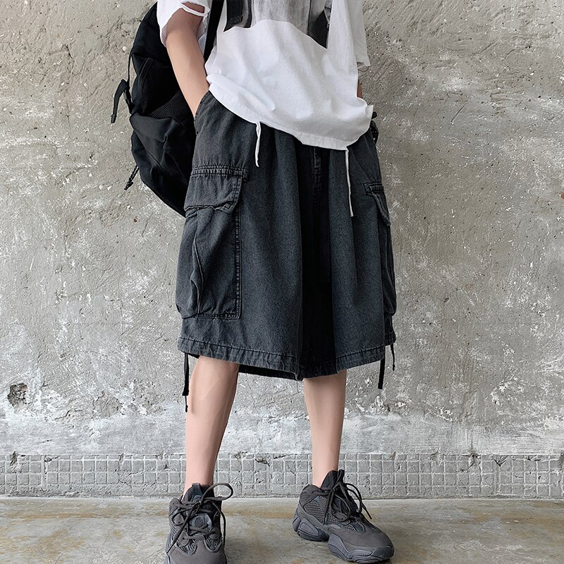 Iidossan effen denim shorts heren zakken regular fit oversized korte jeans heren casual shorts denim hiphop broek: Zwart / Ik