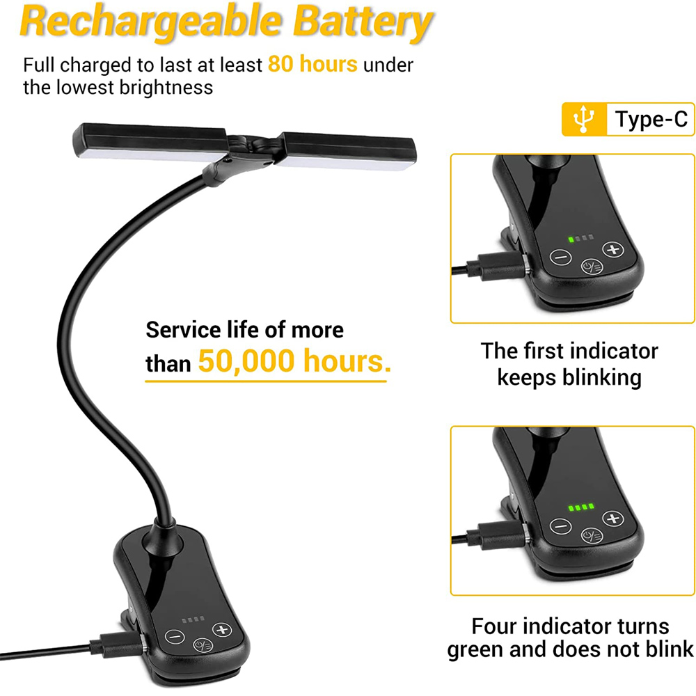 Oppladbar boklampe justerbar doble hoder øyepleie leselampe klipsbar bok/skrivebord trinnløs dimming 24 moduser berøringskontroll