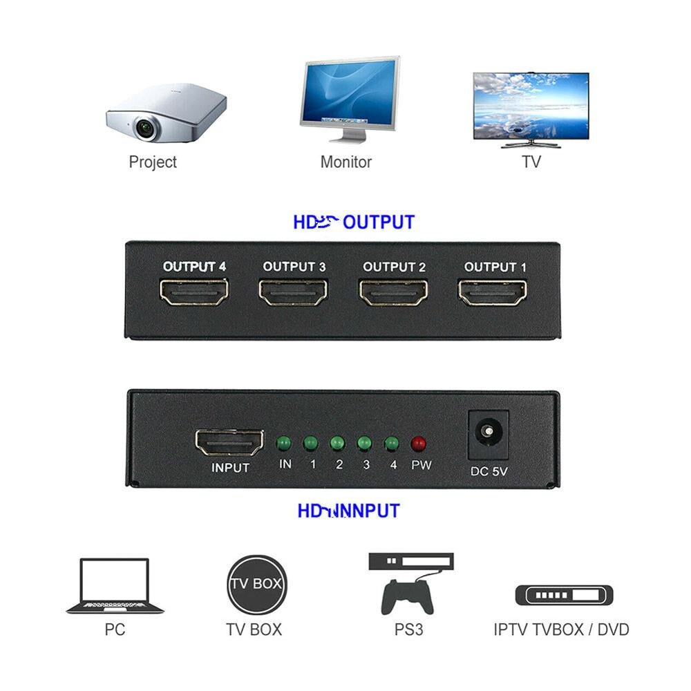 Répartiteur HDCP 1 en 4, compatible HDMI 3D 1080P, amplificateur de Signal de puissance 1x4, commutateur de répartiteur Audio, adaptateur de convertisseur HD