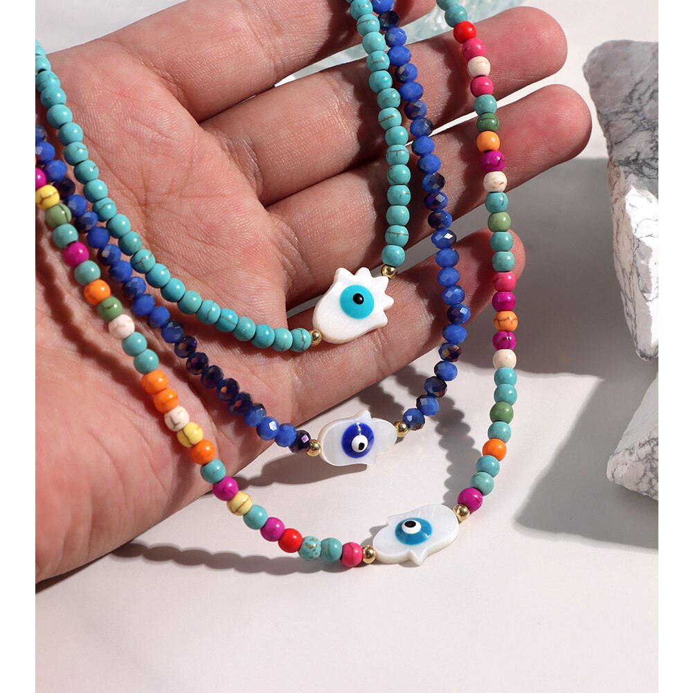 JUST FEEL Evil Eye Beads Chain Necklace For Women Handmade Colorful Beaded Irregular Stone Choker Necklace Trendy Jewelry