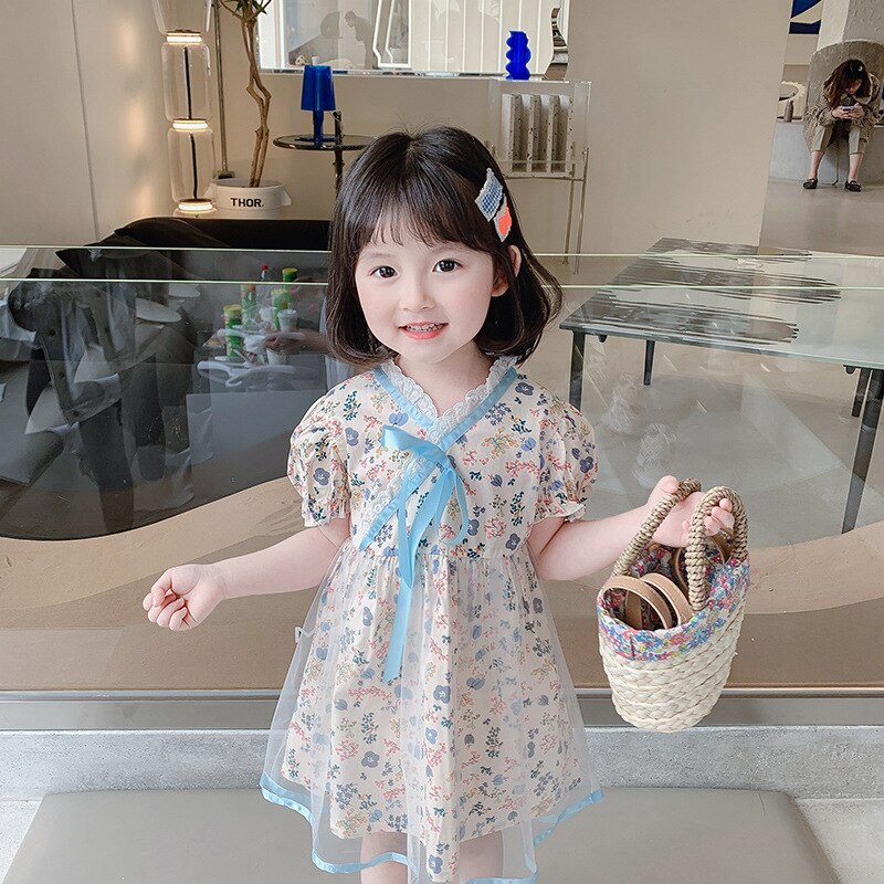 Lisunny Meisjes Casual Jurk Zomer Kinderen Prinses Jurk Kant Afdrukken Korte Mouwen Jurk Kinderen Kleding