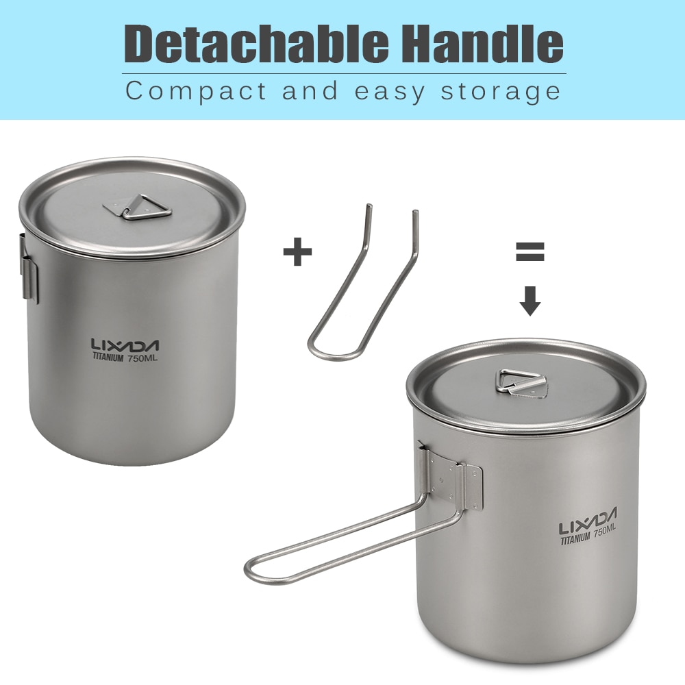 Lixada 550ml / 750ml Titanium Water Mug Camping Tableware Pot Water Cup with Detachable Handle Outdoor Tableware Picnic Cookware