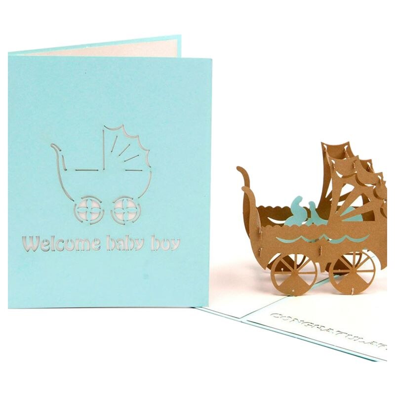 3d baby i barnevogn kort pop op fødselsdagskort baby håndlavet kirigami papir kunst blank 3d lykønskningskort(baby boy)