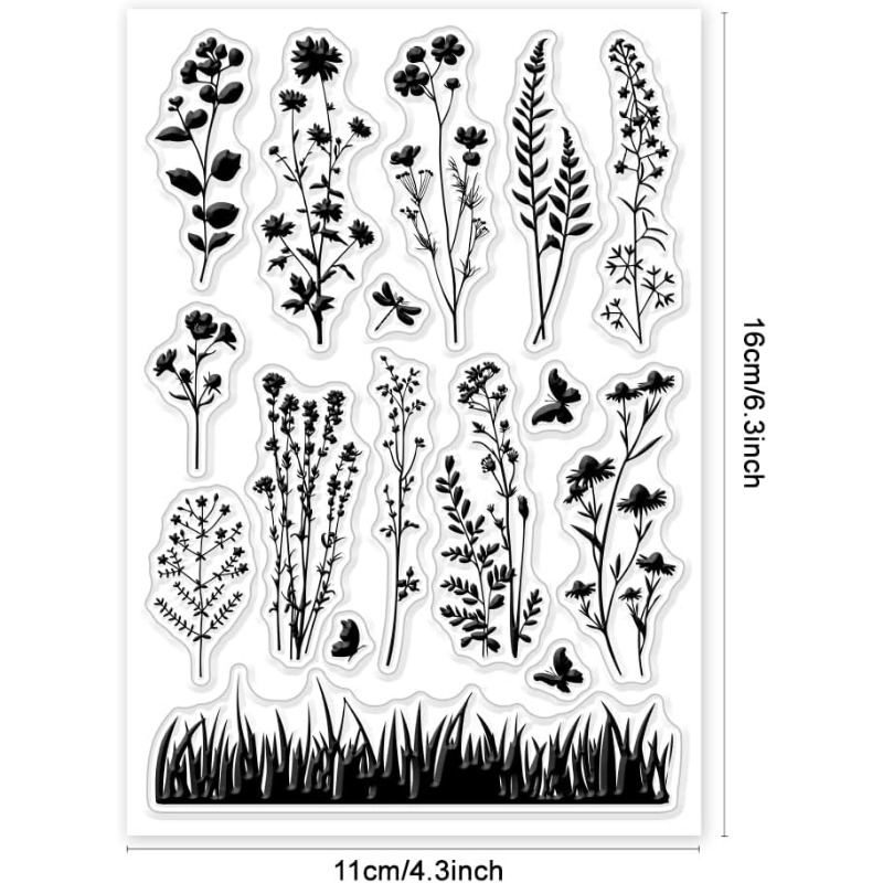 1 unidad de silueta de pradera de flores silvestres, sello transparente, flores Vintage, plantas, sellos de goma transparentes, sellos de silicona de 6,3x4,33 pulgadas