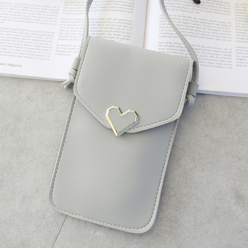Women Heart-shaped Lady Handbag and Purses Small Phone Bag Mini Messenger Bags Transparent Screen Mobile Phone Bag: light grey