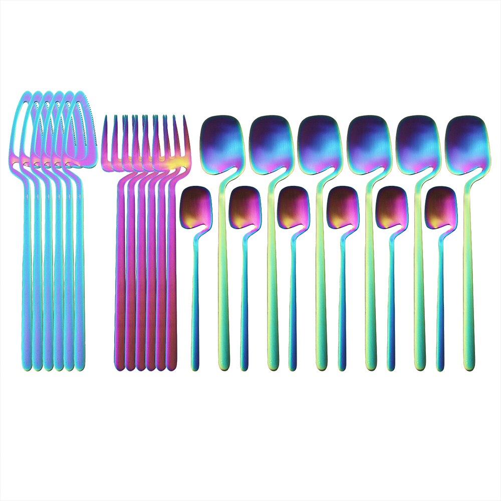 24 Stks/set Zwart Matte Bestek Set Voor Cake 304 Rvs Dessert Set Mes Vork Lepel Diner Set Keuken Bestek set: Rainbow for 6