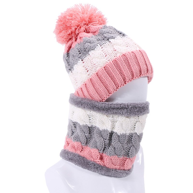 Vinter pompon hat og tørklæde sæt til kvinder strikket tykke varme piger motorhjelm hatte med foring kvindelig hals ring tørklæde 2 stykke sæt: C