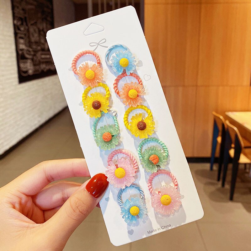 Bandas Elásticas pequeñas para el cabello para niñas, accesorios para el cabello de , lazo para el cabello con flores de dibujos animados, 10 unids/set: Rosa