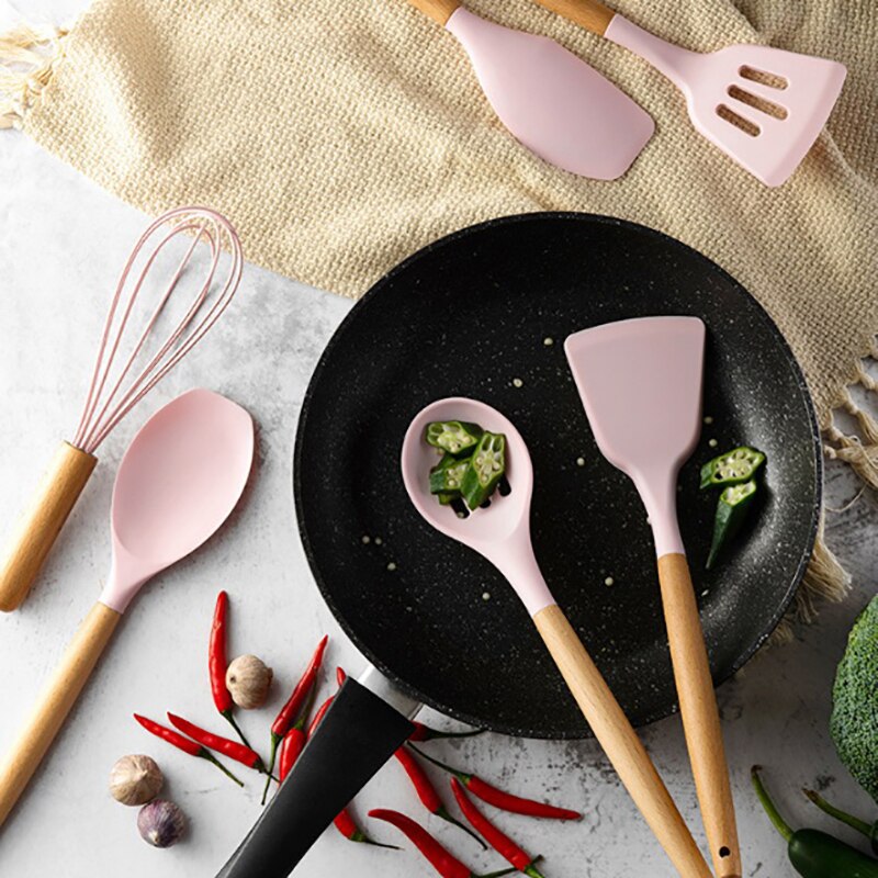 Food-Grade Non-Toxic Silicone Cooking Utensils Set Non-Stick Spatula Shovel Wooden Handle Cooking Tools Set
