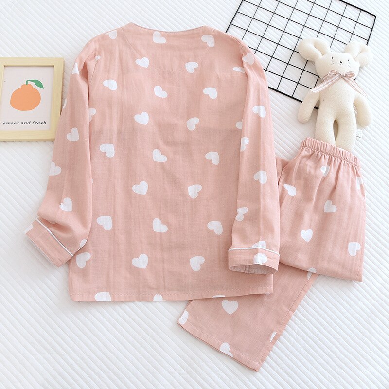 Fdfklak Spring Pajamas Double Gauze Cotton V-Neck Cardigan Lingere Thin With Chest Pad Love Print Sleeping Suits Female