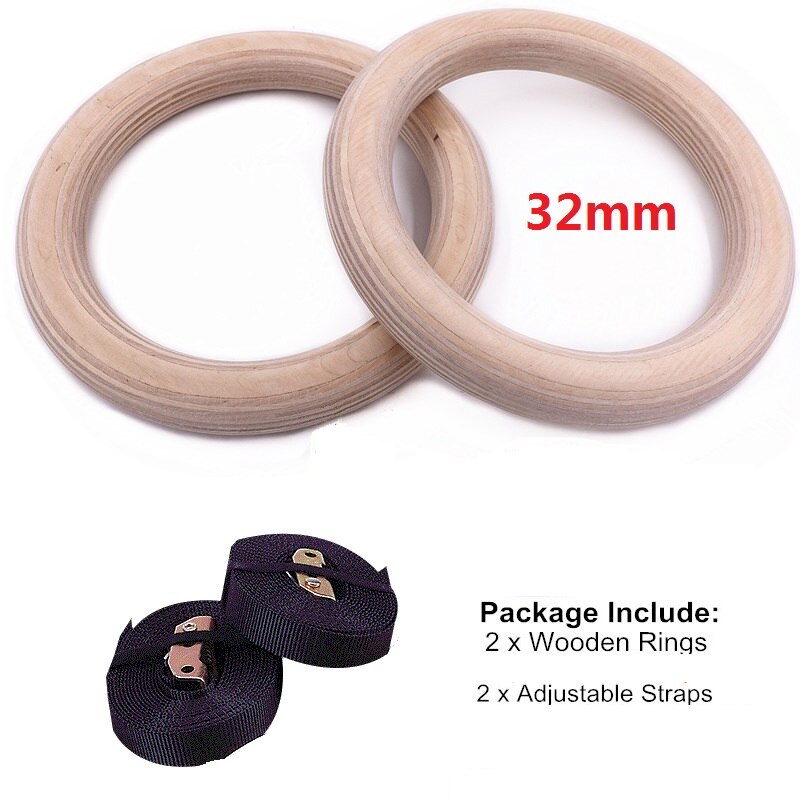 Indoor Gymnastics Fitness Sports Rings with Straps Wooden Rings Set Home Home Gym Fitness Pull Ups Strength Training Equipment: 32mm with Strap