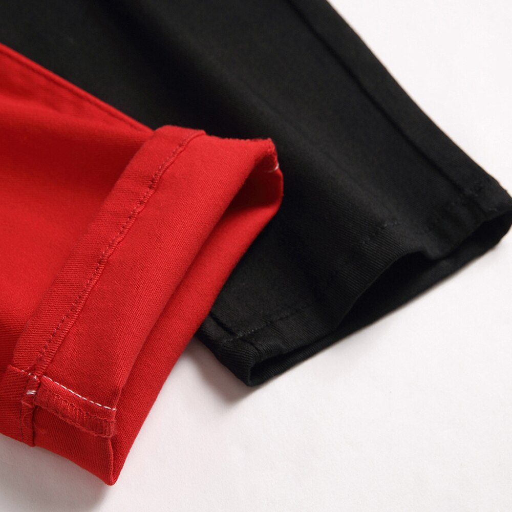 Jean en Denim pour hommes, rouge, noir, Patchwork, épissé, , Slim, droit, extensible, pantalon de couleur contrastée
