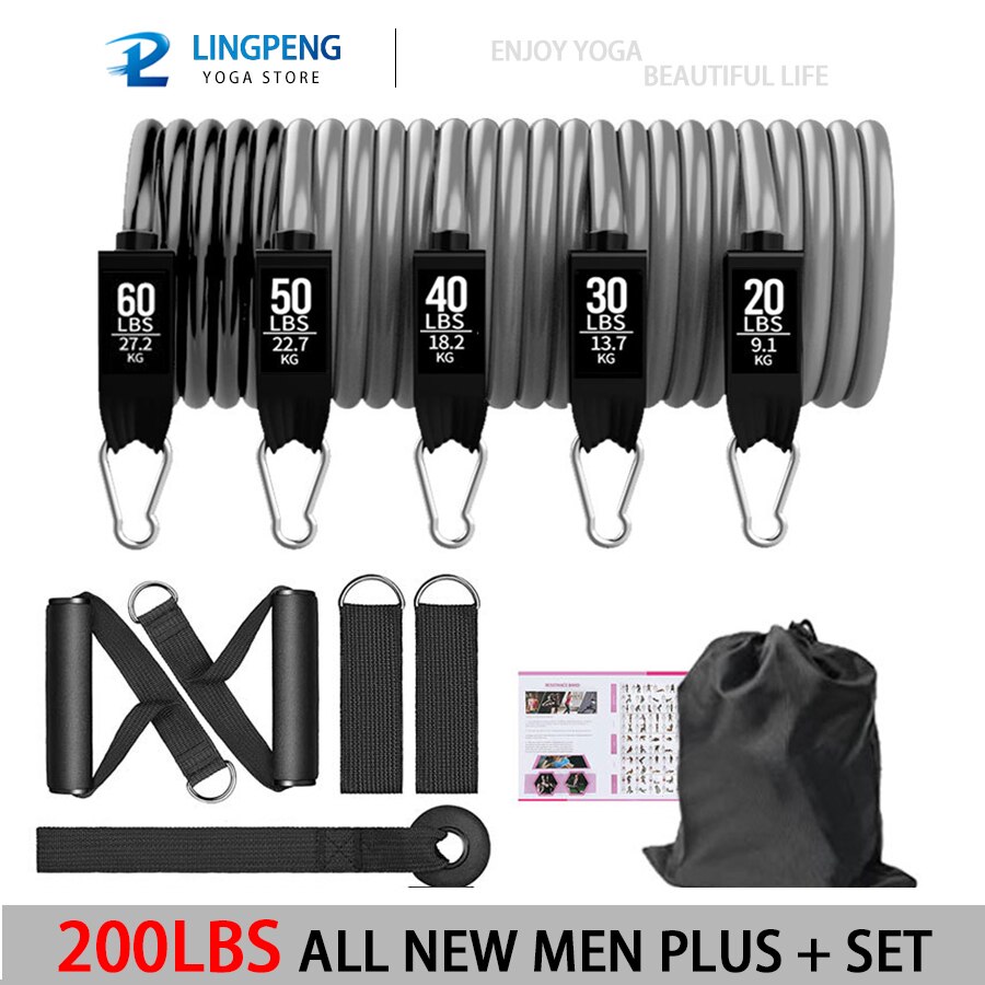 250LBS Set Workout Bands Exercise Bands 5 Tube Fitness Bands with Door Anchor Handles Legs Ankle Straps and fitness stick: 200LBS MAN SET