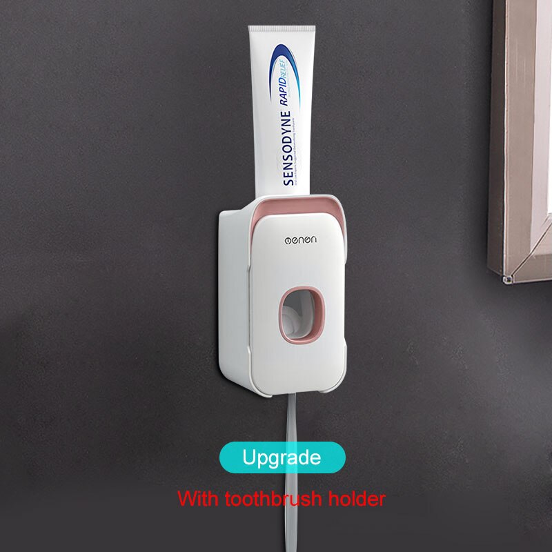Automatic Toothpaste Dispenser Wall Mount Toothbrush Rack Toothbrush Holder Dust-proof Toothpaste Squeezer Bathroom Accessories: pink-1