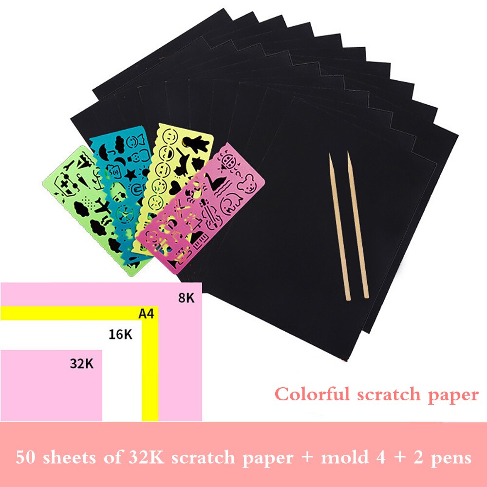 50 blätter Magie Farbe Regenbogen Scratch Kunst Papier Karte Set Mit Graffiti Schablone & Zeichnung Herrscher & Bleistift Spitzer DIY malerei