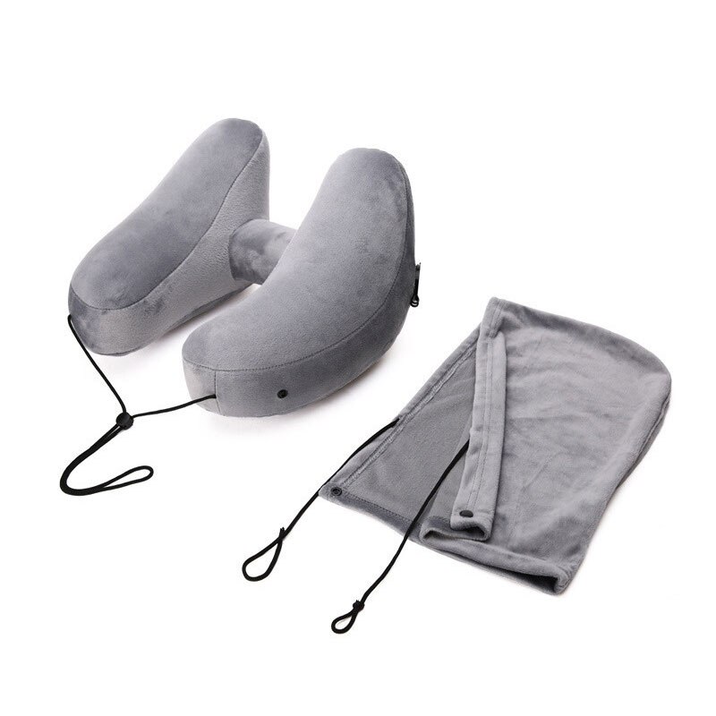 Descanso de viagem leve dobrável h-forma inflável com chapéu almofada de dormir para avião assento de carro escritório nap pescoço travesseiros: Gray Pillow hat