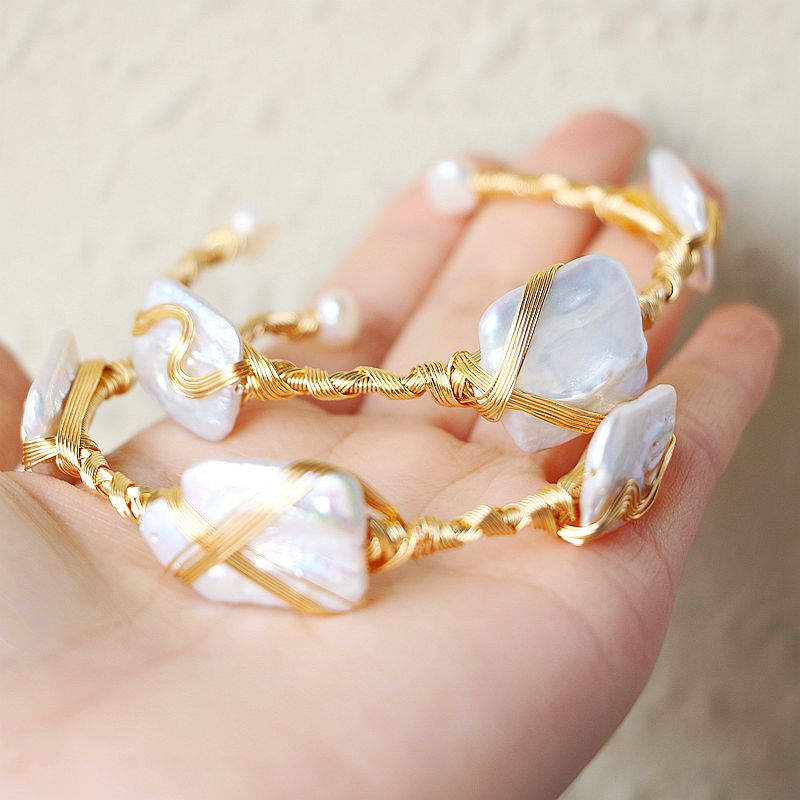 5Pcs Pearl Cuff Bracelet - Gold Wire Wrap Pearl Bride Bangle - Handmade Geometric Pearl Jewelry for Women