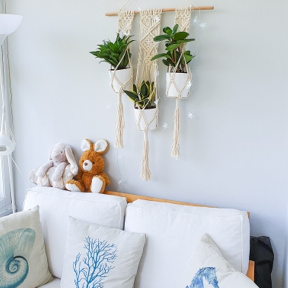 Macrame hængende plante kurv væg plante bøjle hængende plante potteholdere håndstrik hængende planter træpind kurv væg kunst